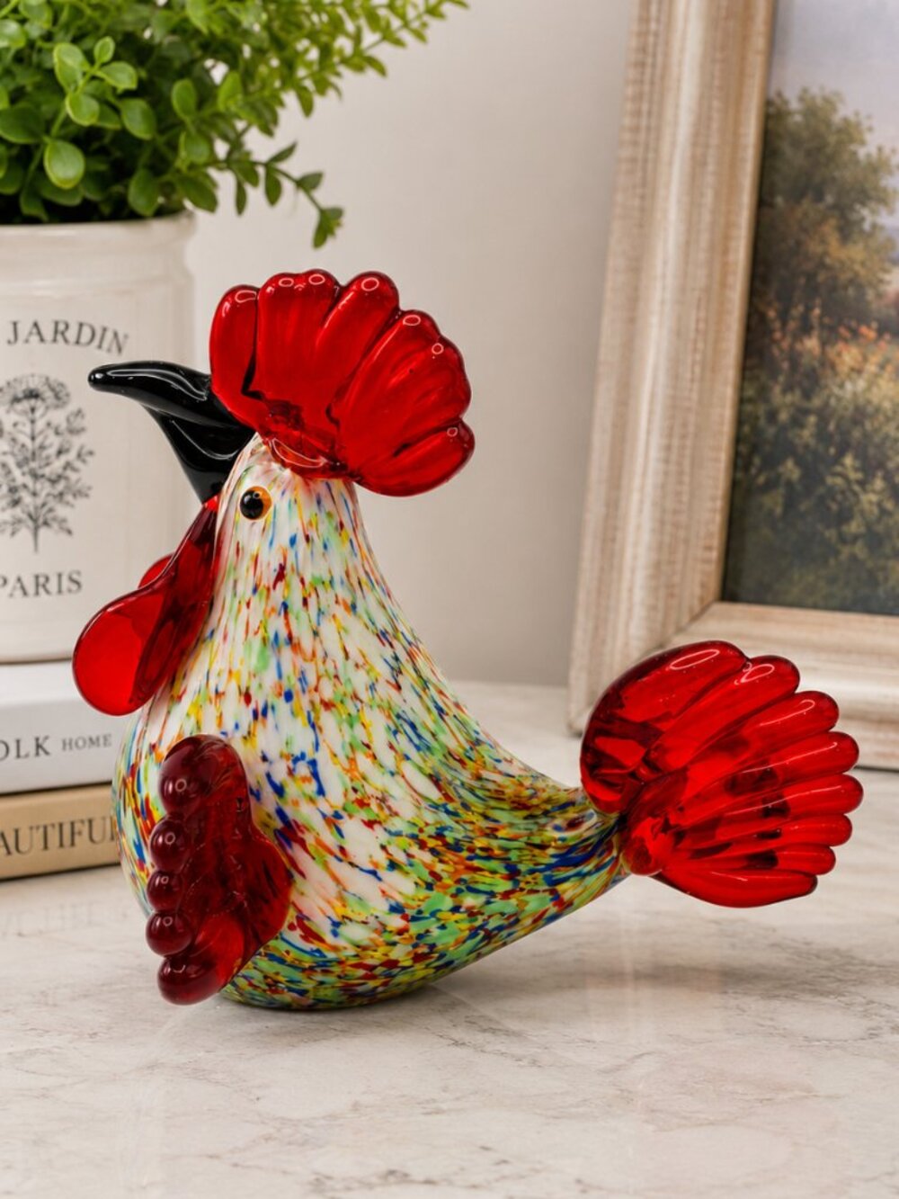 Murano Style Art Glass Rooster Figurine – Multicolor Speckled Glass w/Red Accent